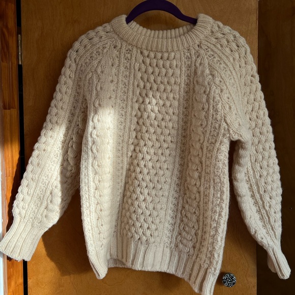 1970s Handmade Malinmor Irish Wool Cream Cable-Knit Sweater, Size XS/S - Picture 3 of 8